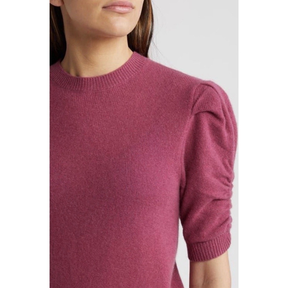FRAME Ruched Sleeve 100% Cashmere Cropped Sweater in Dragon Fruit Pink Large - Picture 3 of 11